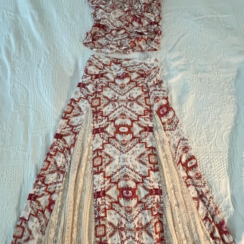 Bohemian Top and Maxi Skirt with Red and Cream Patterns